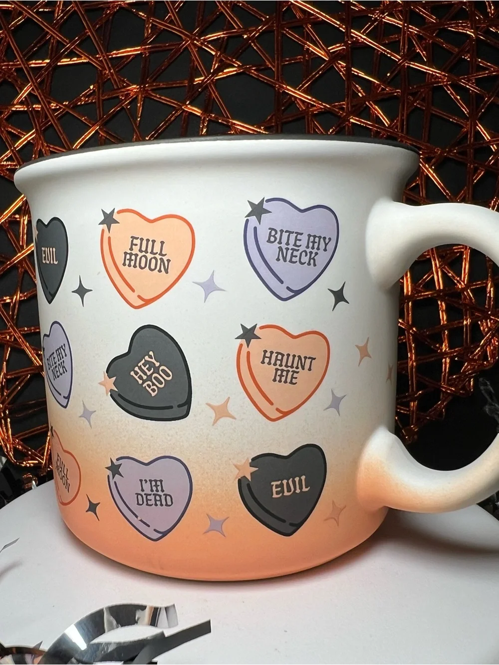 Halloween Conversation Hearts Mug in Orange, Purple & Black Dark Romance Fun
